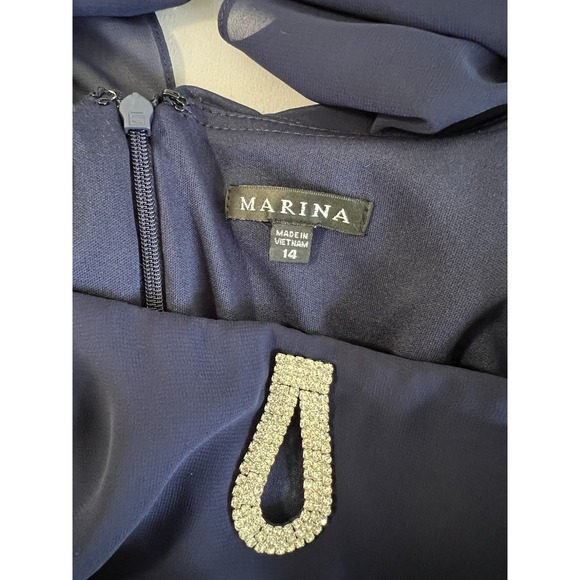 Marina Chiffon Jumpsuit: Embellished Keyhole, Boat Neck, 3/4 Sleeves, Sz 14 Blue - Picture 11 of 16